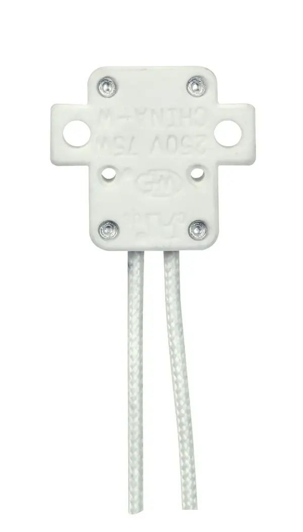G5.3 Halogen Socket With 2 Mounting Holes - 9" SF-1 200C Leads - 3/8" Height - 1-1/16" Length - 1-3/16" Width - 75W - 250V