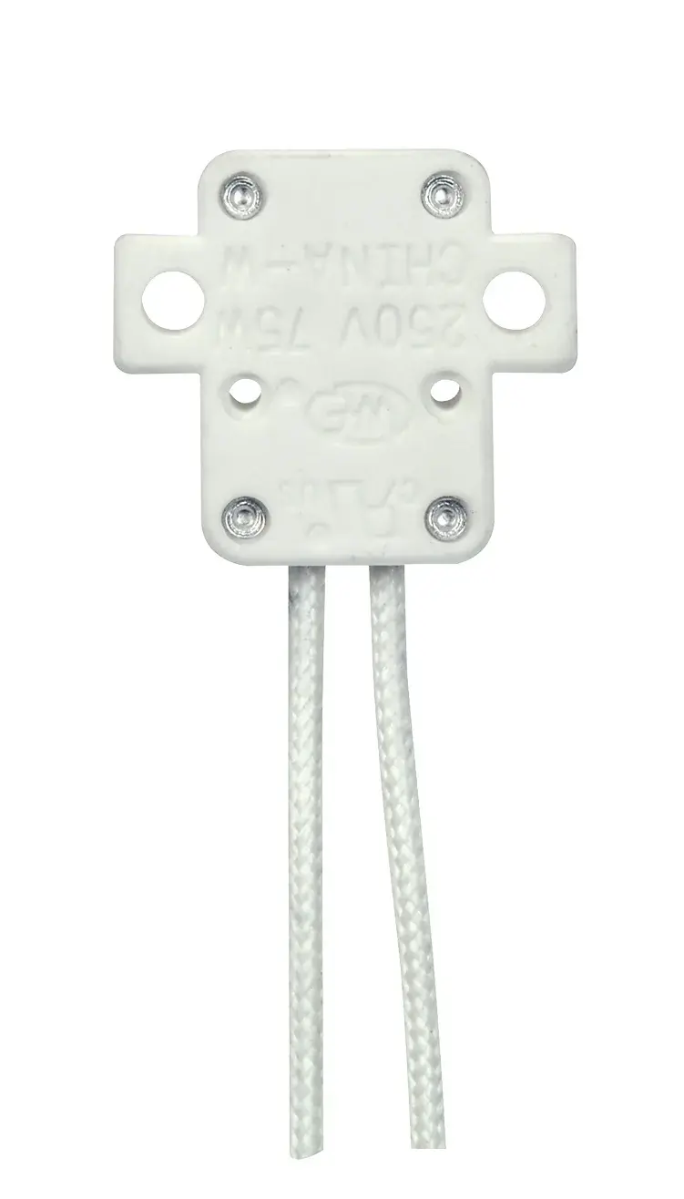 G5.3 Halogen Socket With 2 Mounting Holes - 9" SF-1 200C Leads - 3/8" Height - 1-1/16" Length - 1-3/16" Width - 75W - 250V