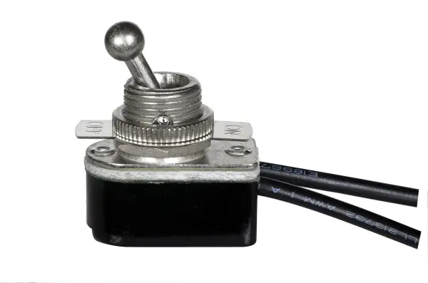On-Off Metal Toggle Switch - Single Circuit - 6A-125V - 3A-250V Rating - 9" Leads - Nickel Finish