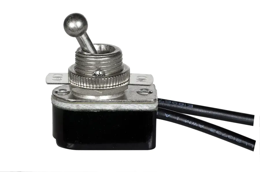 On-Off Metal Toggle Switch - Single Circuit - 6A-125V - 3A-250V Rating - 9" Leads - Nickel Finish