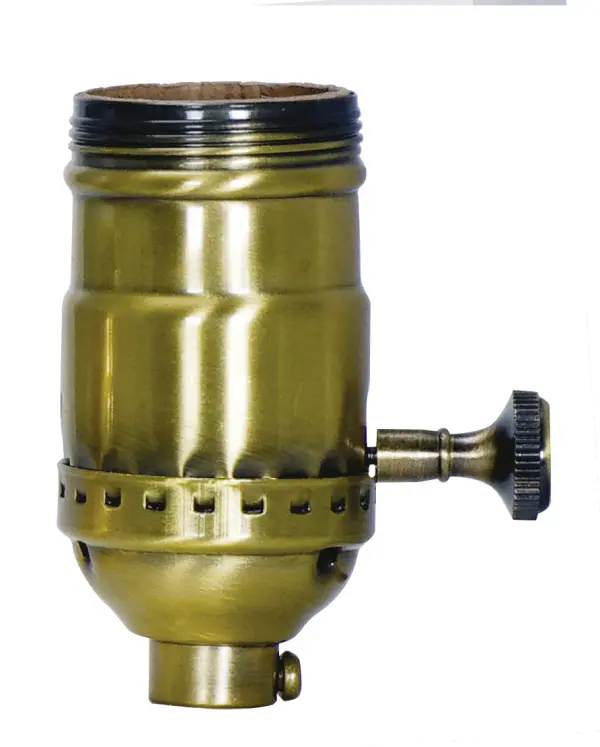 3-Way (2 Circuit) Turn Knob Socket With Removable Knob - 3 Piece Stamped Solid Brass - Antique Brass Finish - 250W - 250V - Uno Thread