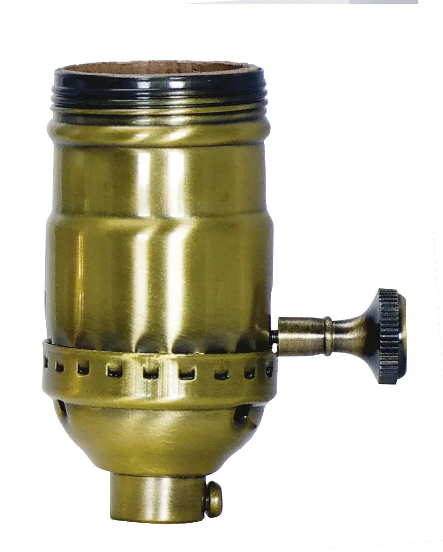 3-Way (2 Circuit) Turn Knob Socket With Removable Knob - 3 Piece Stamped Solid Brass - Antique Brass Finish - 250W - 250V - Uno Thread