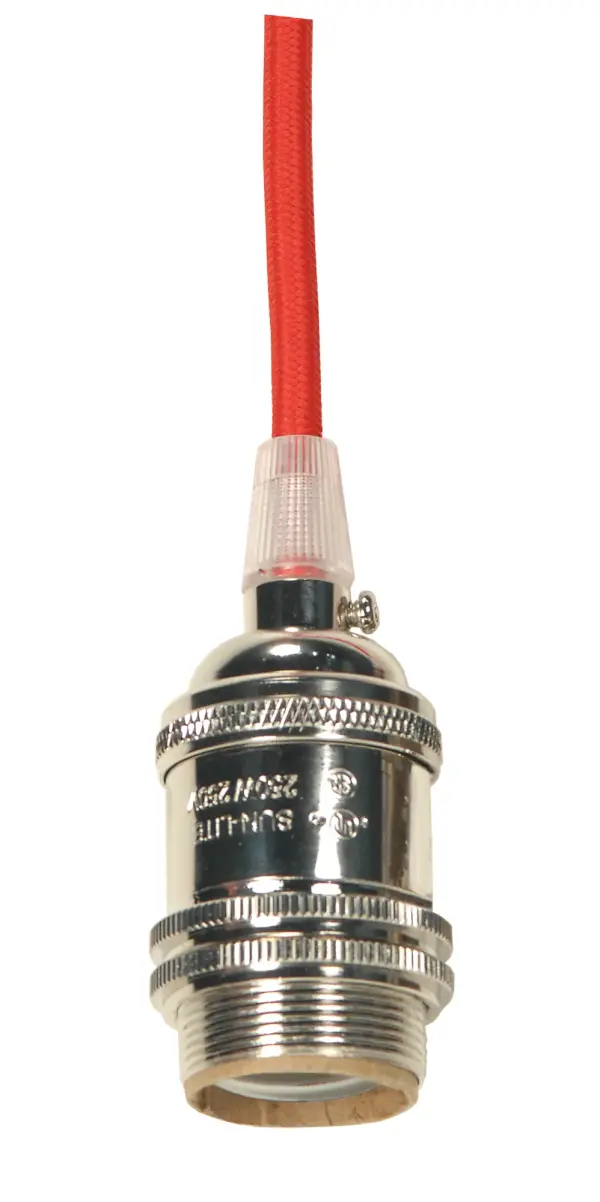 Medium base lampholder - 4pc. Solid brass - prewired - Uno ring - 10ft. 18/2 SVT Red Cord - Polished Nickel finish