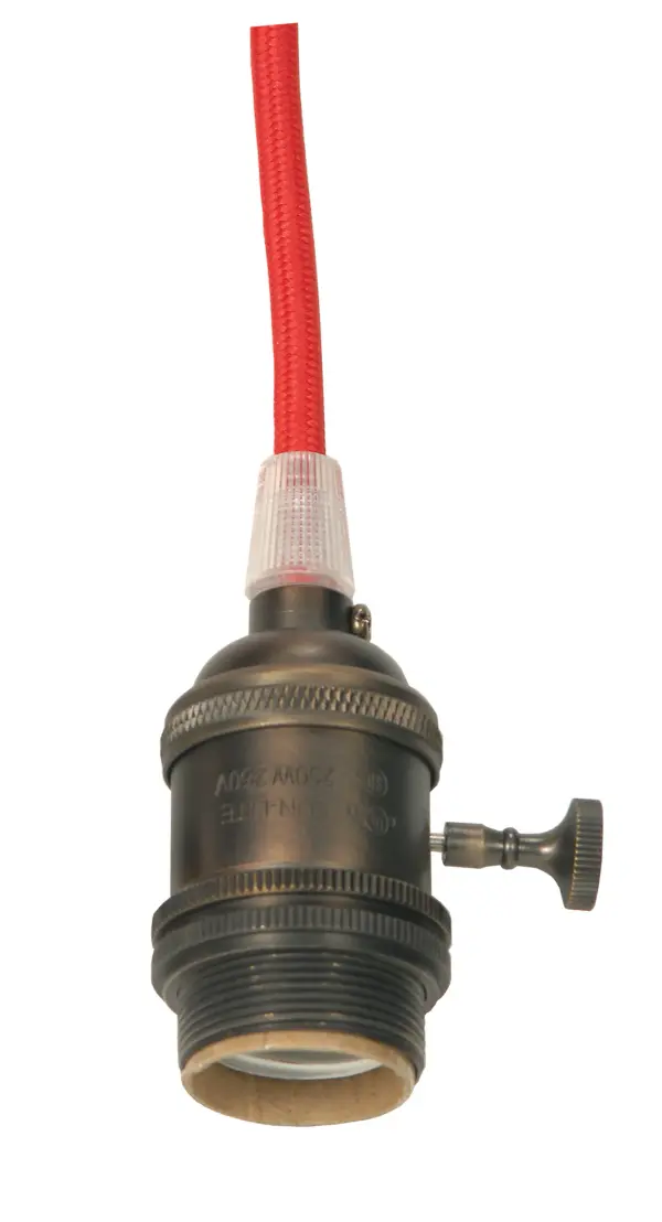 Medium base lampholder - 4pc. Solid brass - prewired - On/Off - Uno ring - 10ft. 18/2 SVT Red Cord - Dark antique brass finish