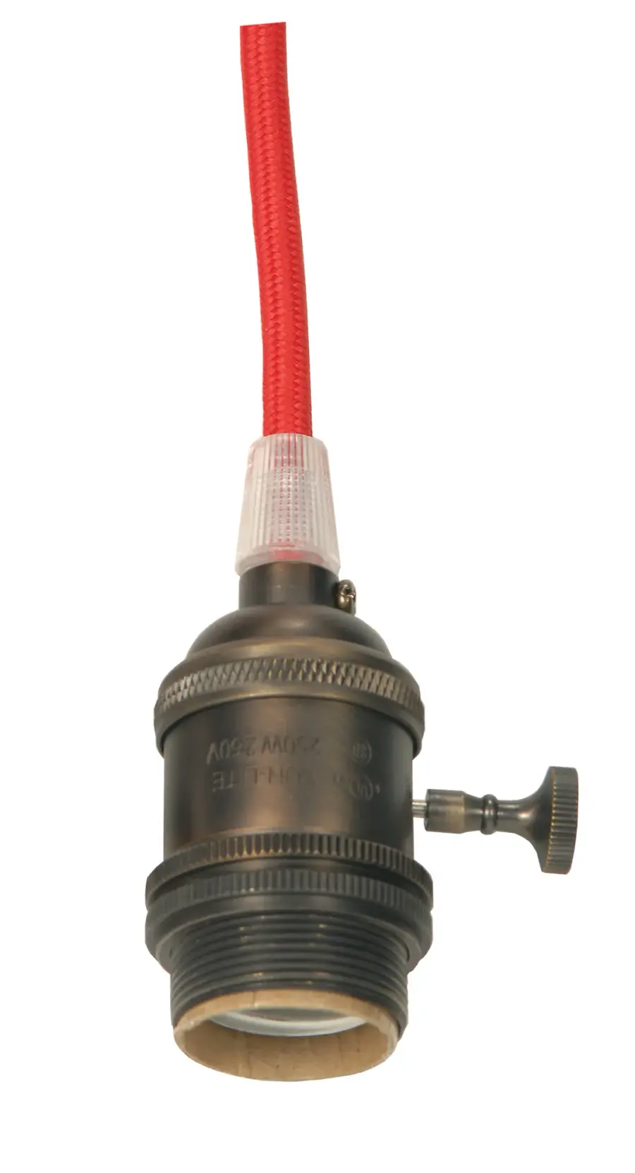 Medium base lampholder - 4pc. Solid brass - prewired - On/Off - Uno ring - 10ft. 18/2 SVT Red Cord - Dark antique brass finish
