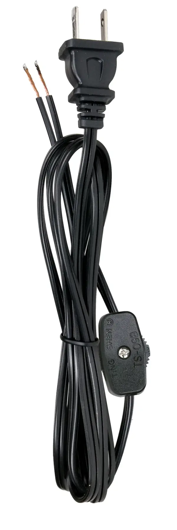 6 Foot 18/2 SPT-1 105C Cord Set - Black Finish - 24" Hank - 200 Carton - Molded Polarized Plug - Tinned Tips 3/4" Strip With 2" Slit - On/Off Switch