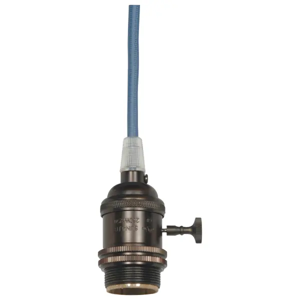 Medium base lampholder - 4pc. Solid brass - prewired - On/Off - Uno ring - 10ft. 18/2 SVT Light Blue Cord - Dark antique brass finish