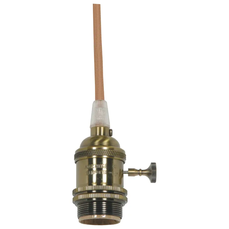 Medium base lampholder - 4pc. Solid brass - prewired - On/Off - Uno ring - 10ft. 18/2 SVT Gold Cord - Antique brass finish