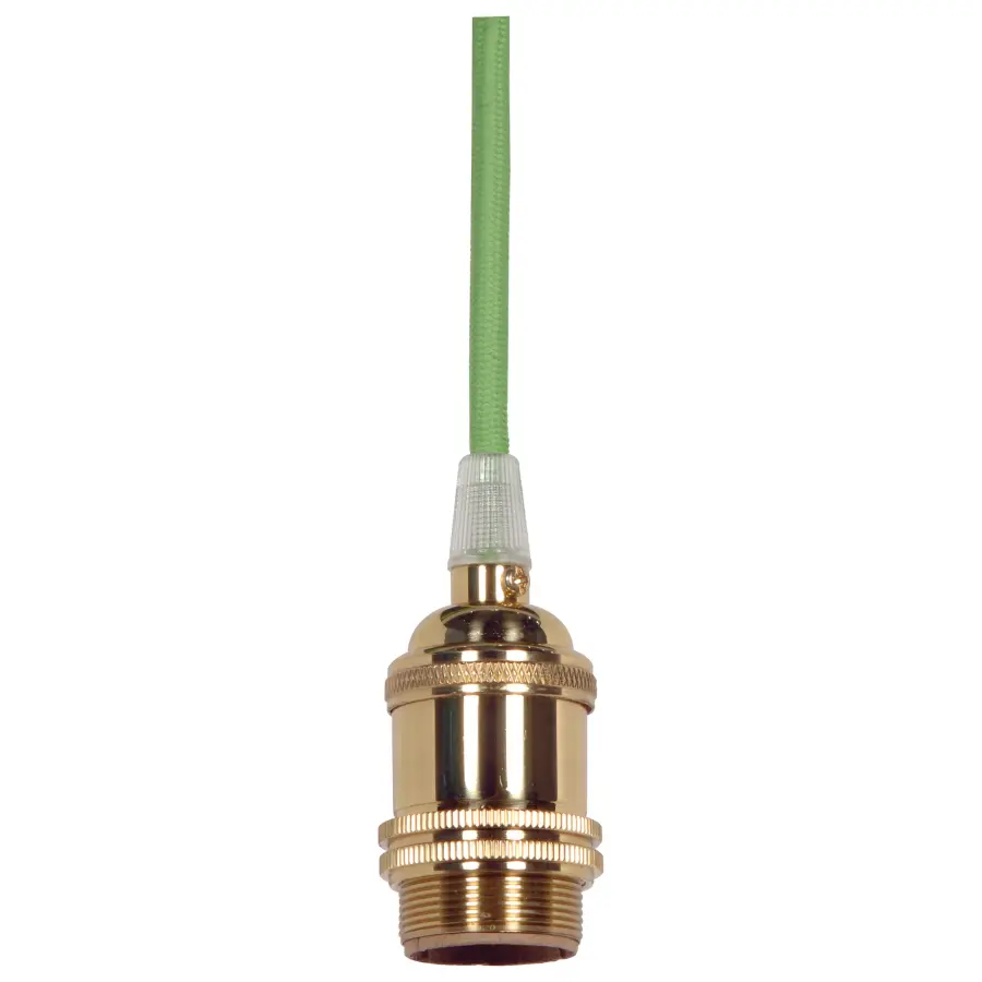 Medium base lampholder - 4pc. Solid brass - prewired - Uno ring - 10ft. 18/2 SVT Light Green Cord - Polished brass finish