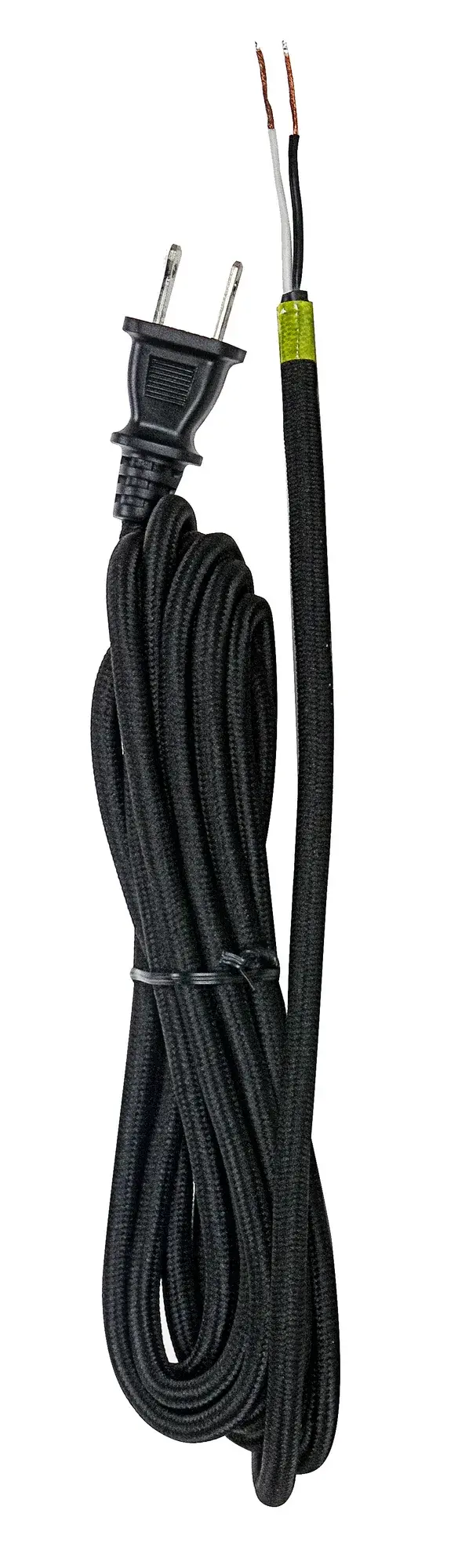 12 Foot Rayon Cord Set - Black Finish - 18/2 SPT-2 105C With Molded Polarized Plug - 50 Carton - Tinned Tips Strip With 2" Slit