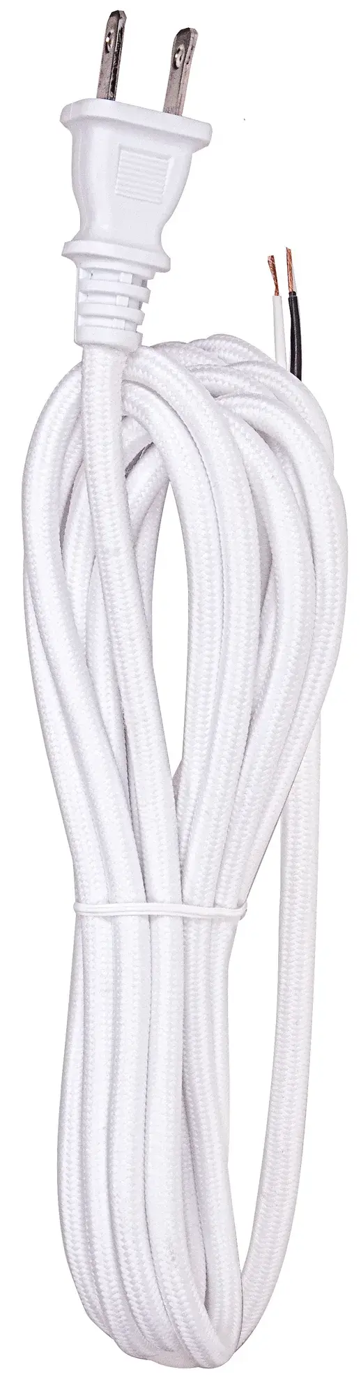 12 Foot Rayon Cord Set - White Finish - 18/2 SPT-2 105C With Molded Polarized Plug - 50 Carton - Tinned Tips Strip With 2" Slit