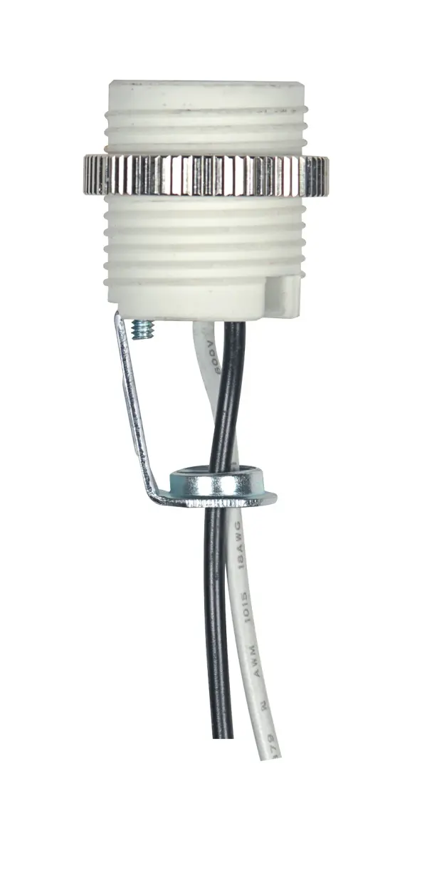 Threaded Porcelain Candelabra Socket - 2" Height - 7/8" Diameter - 18" 18 UL 1015 B/W Leads 105C With Chrome Metal Ring - 75W - 125V