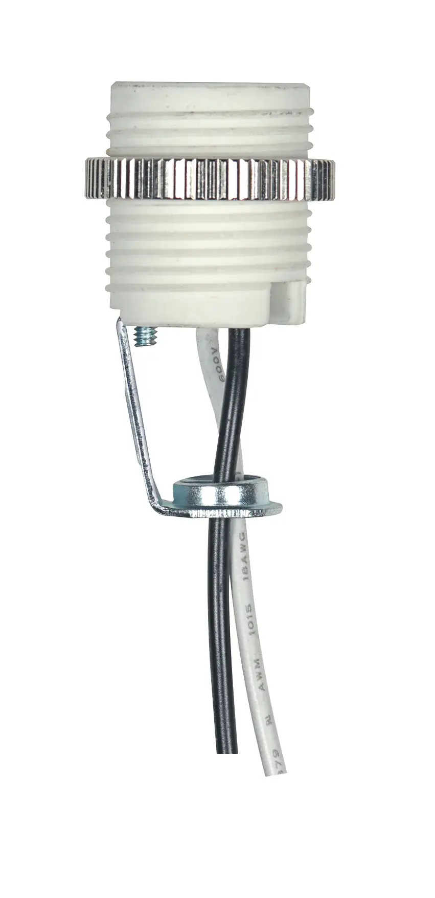 Threaded Porcelain Candelabra Socket - 2" Height - 7/8" Diameter - 18" 18 UL 1015 B/W Leads 105C With Chrome Metal Ring - 75W - 125V