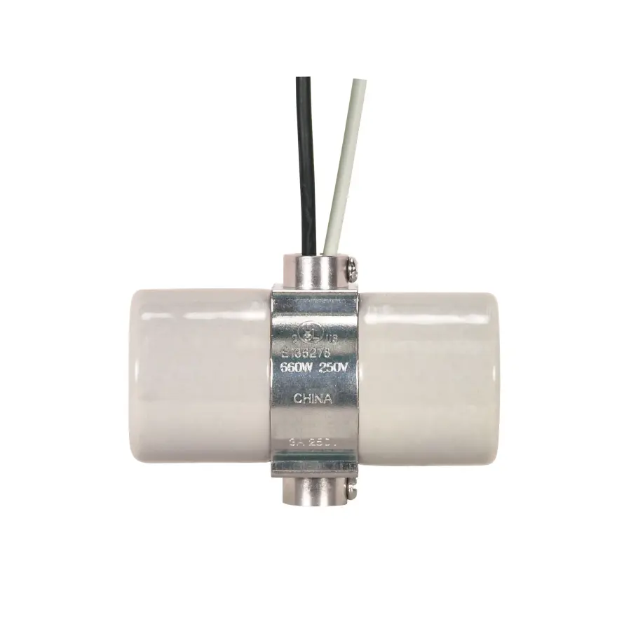 Twin Porcelain Socket With Double Bushing Strap And Leads - 24" Leads - 1/8 IPS Bushing - Glazed - 660W - 250V