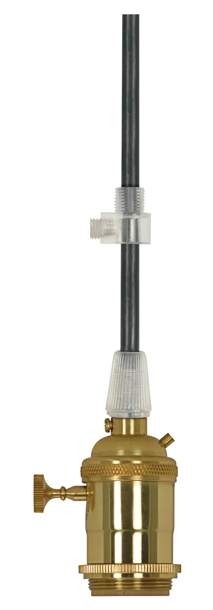 Medium base lampholder - 4pc. Solid brass - pre-wired - On/Off - 2 Uno rings - 10ft. 18/3 SVT Black Cord - Polished brass finish