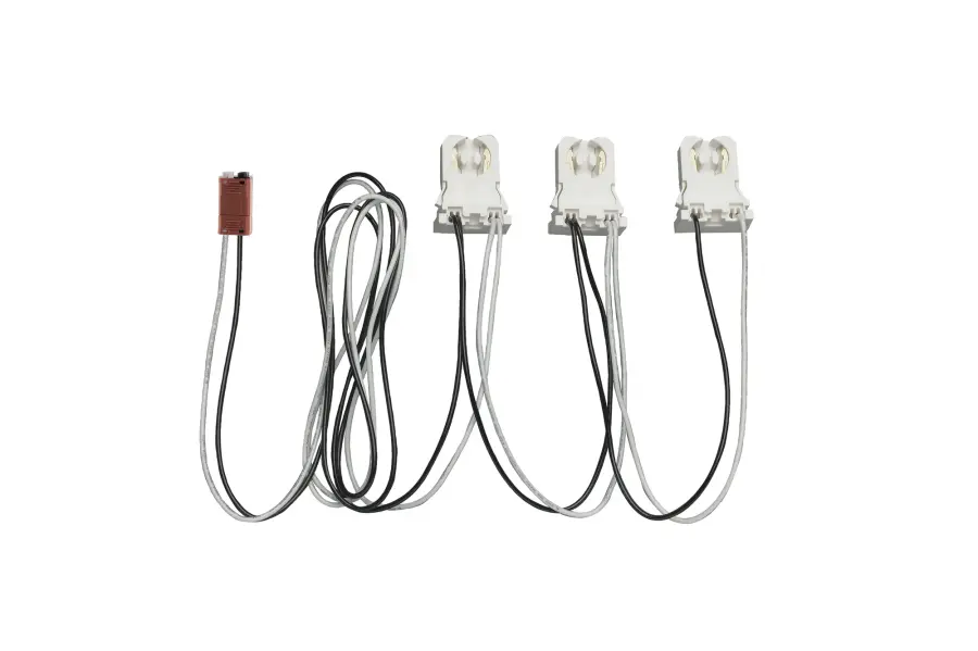 3-Light ballast bypass wiring harness for linear LED T8 lamps