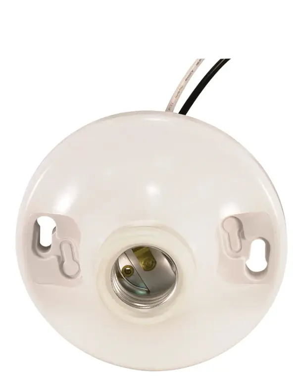 White Phenolic On-Off Pull Chain Ceiling Receptacle - 6" AWM B/W Leads 105C - 4-1/2" Diameter - 250W - 250V