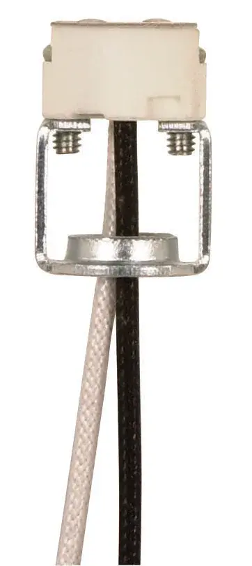 Round Porcelain Halogen Socket - G4-GX5.3-GY6.35 Base - 1/8 IP Hickey - 8" SF-1 200C Leads - 1" Height - 11/16" Diameter - 1000W - 250V