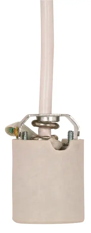 Keyless Porcelain Socket With Hickey, Strain Relief And Fiber Sleeving - 8 Foot 18/3 SVT White 105C Leads - Unglazed - 660W - 250V