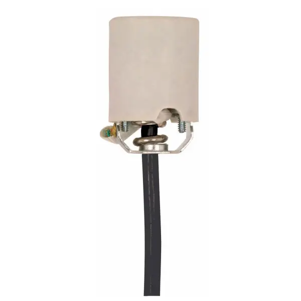 Keyless Porcelain Socket With Hickey, Strain Relief And Fiber Sleeving - 8 Foot 18/3 SVT Black 105C Leads - Unglazed - 660W - 250V