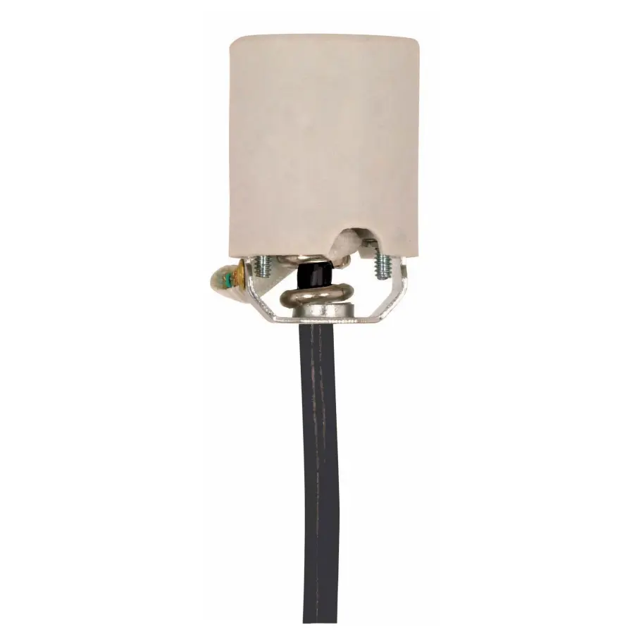 Keyless Porcelain Socket With Hickey, Strain Relief And Fiber Sleeving - 8 Foot 18/3 SVT Black 105C Leads - Unglazed - 660W - 250V
