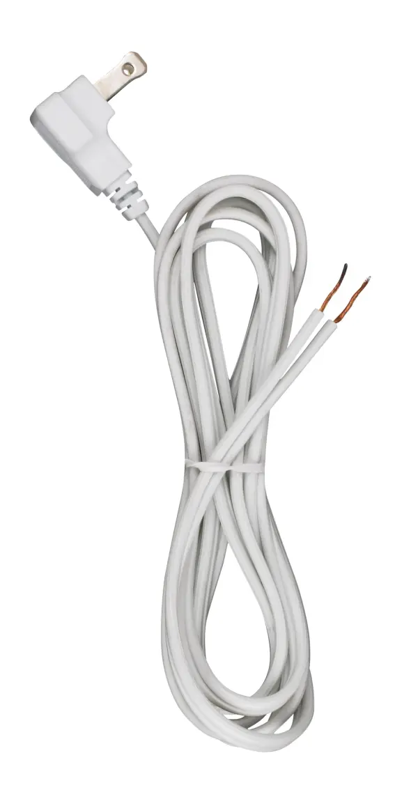8 Foot 18/2 SPT-2 105C Flat Plug Cord Set - White Finish - 36" Hank - 200 Carton - Molded Plug - Tinned Tips 3/4" Strip With 2" Slit