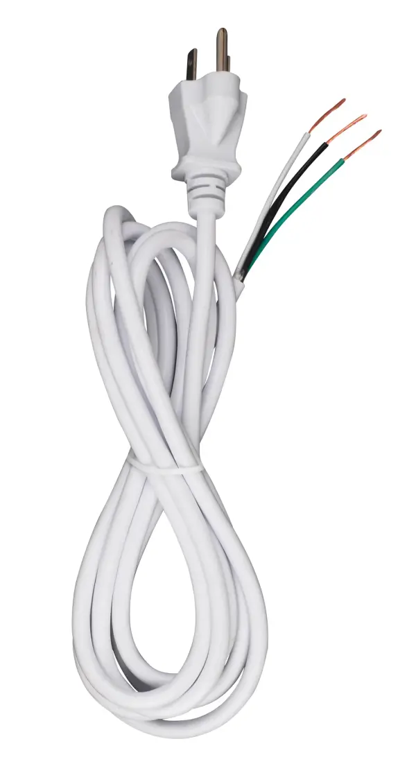 8 Foot 18/3 SVT 105C Heavy Duty Cord Set - White Finish - 100 Carton - 3 Prong Molded Plug - Stripped And Slit - 1/4" Diameter