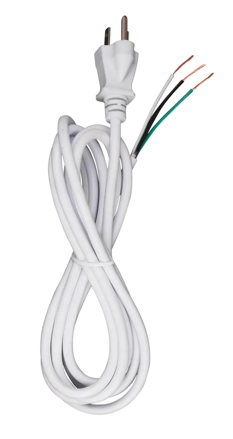 8 Foot 18/3 SVT 105C Heavy Duty Cord Set - White Finish - 100 Carton - 3 Prong Molded Plug - Stripped And Slit - 1/4" Diameter