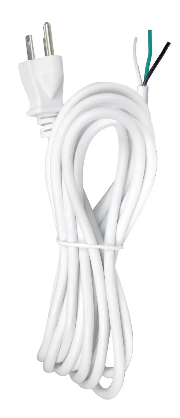 15 Foot 18/3 SVT 105C Heavy Duty Cord Set - White Finish - 50 Carton - 3 Prong Molded Plug - Stripped And Slit - 1/4" Diameter