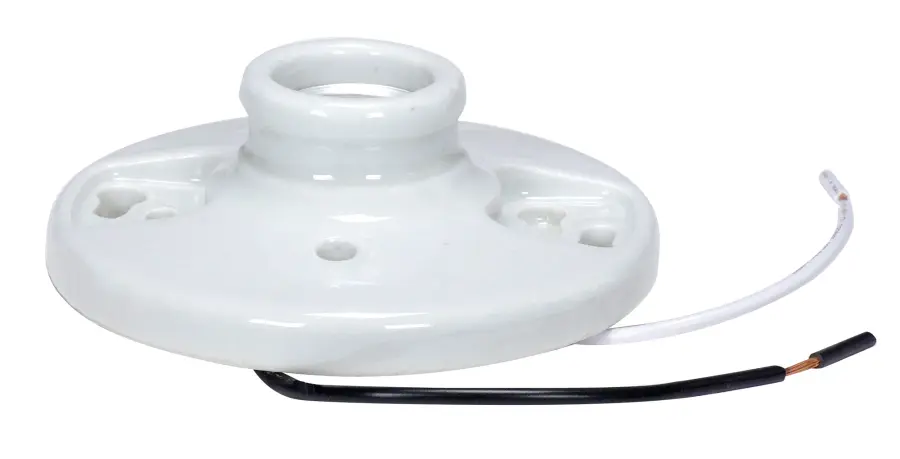 Keyless Glazed Porcelain Ceiling Receptacle - 7" AWM B/W Leads 105C - Screw Terminals - 4-3/8" Diameter - 660W - 250V - Image 1