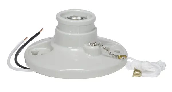 Glazed Porcelain On-Off Pull Chain Ceiling Receptacle - 7" AWM B/W Leads 105C - Screw Terminals - 4-3/8" Diameter - 250W - 250V