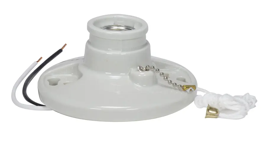 Glazed Porcelain On-Off Pull Chain Ceiling Receptacle - 7" AWM B/W Leads 105C - Screw Terminals - 4-3/8" Diameter - 250W - 250V