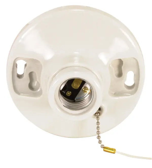 2 Terminal Glazed Porcelain On-Off Pull Chain Ceiling Receptacle - Screw Terminals - 4-3/8" Diameter - 250W - 250V