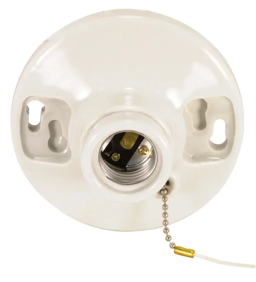 2 Terminal Glazed Porcelain On-Off Pull Chain Ceiling Receptacle - Screw Terminals - 4-3/8" Diameter - 250W - 250V