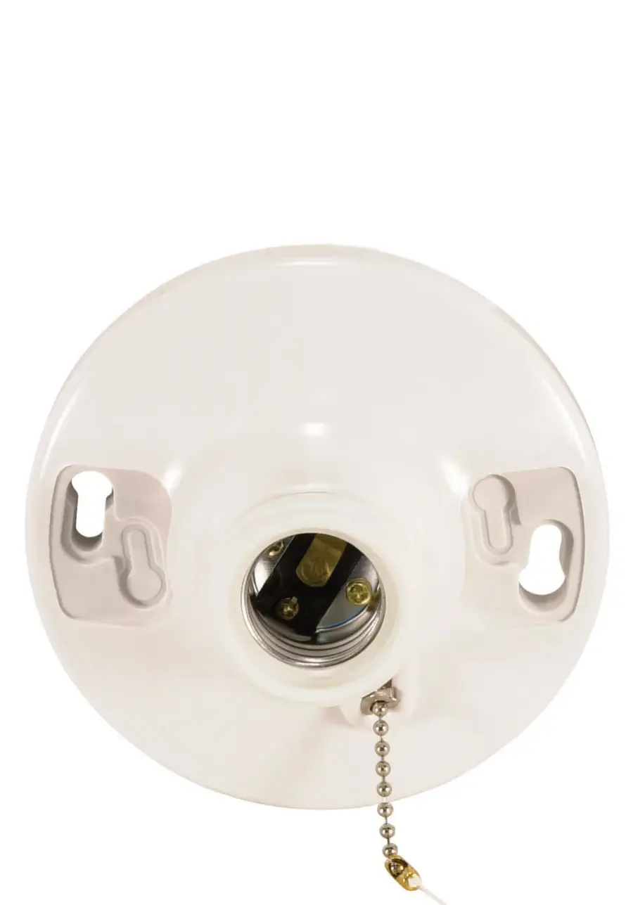 4 Terminal White Phenolic On-Off Pull Chain Ceiling Receptacle - Screw Terminals - 4-1/2" Diameter - 250W - 250V - Image 1