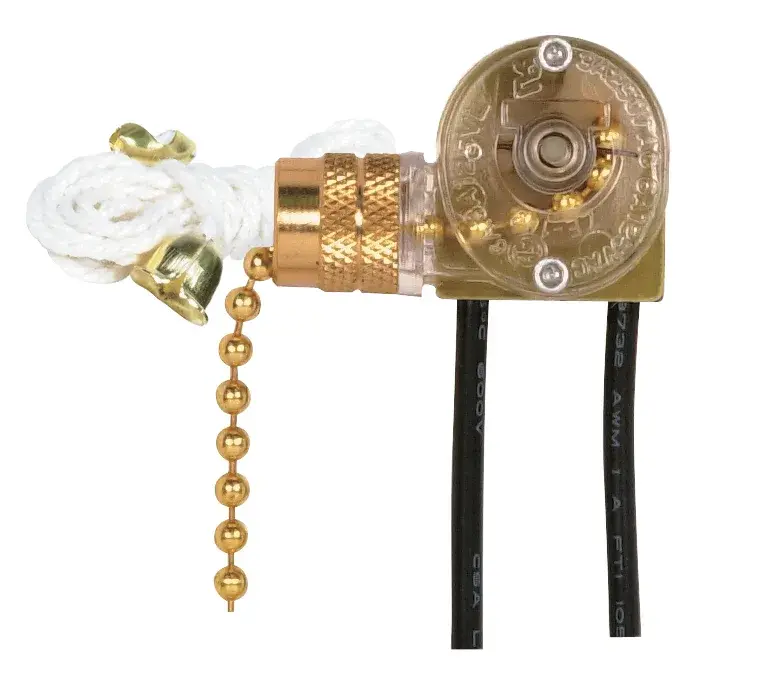On-Off Canopy Switch - Single Circuit With Metal Chain - White Cord And Bell - 6A-125V, 3A-250V Rating - Brass Finish