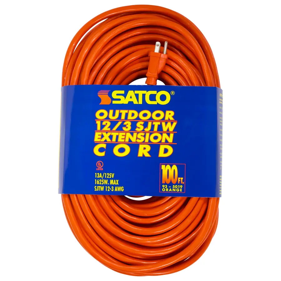 100 Foot Orange Heavy Duty Outdoor Extension Cord - 12/3 Ga. SJTW-3 Orange Cord With Sleeve - 13A-125V - 1625W