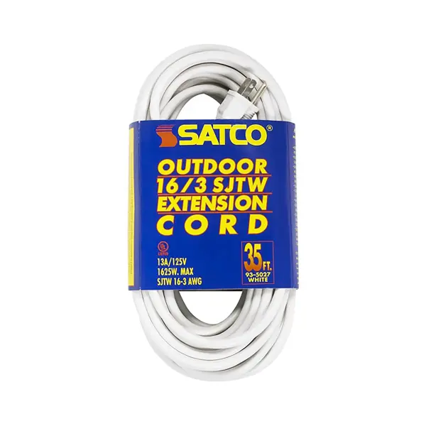 35 Foot White Heavy Duty Outdoor Extension Cord - 16/3 Ga. SJTW-3 White Cord With Sleeve - 13A-125V - 1625W