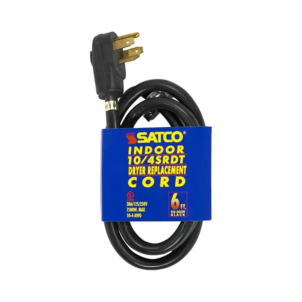 6 Foot, 4 Wire Heavy Duty Replacement Dryer Cord - 10-4 SRDT Black Round - Indoor Use Only - 30A/125V-250V - 7500W