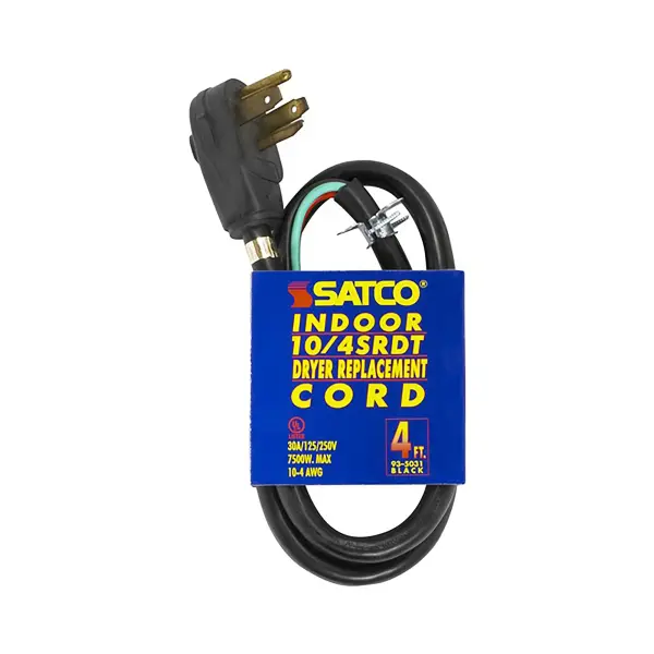 4 Foot, 4 Wire Heavy Duty Replacement Dryer Cord - 10-4 SRDT Black Round - Indoor Use Only - 30A/125V-250V - 7500W