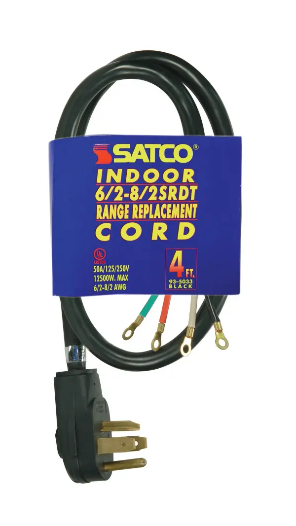 4 Foot, 4 Wire Heavy Duty Replacement Range Cord - 6-2 - 8-2 SRDT Black Round - Indoor Use Only - 50A/125V-250V - 12500W