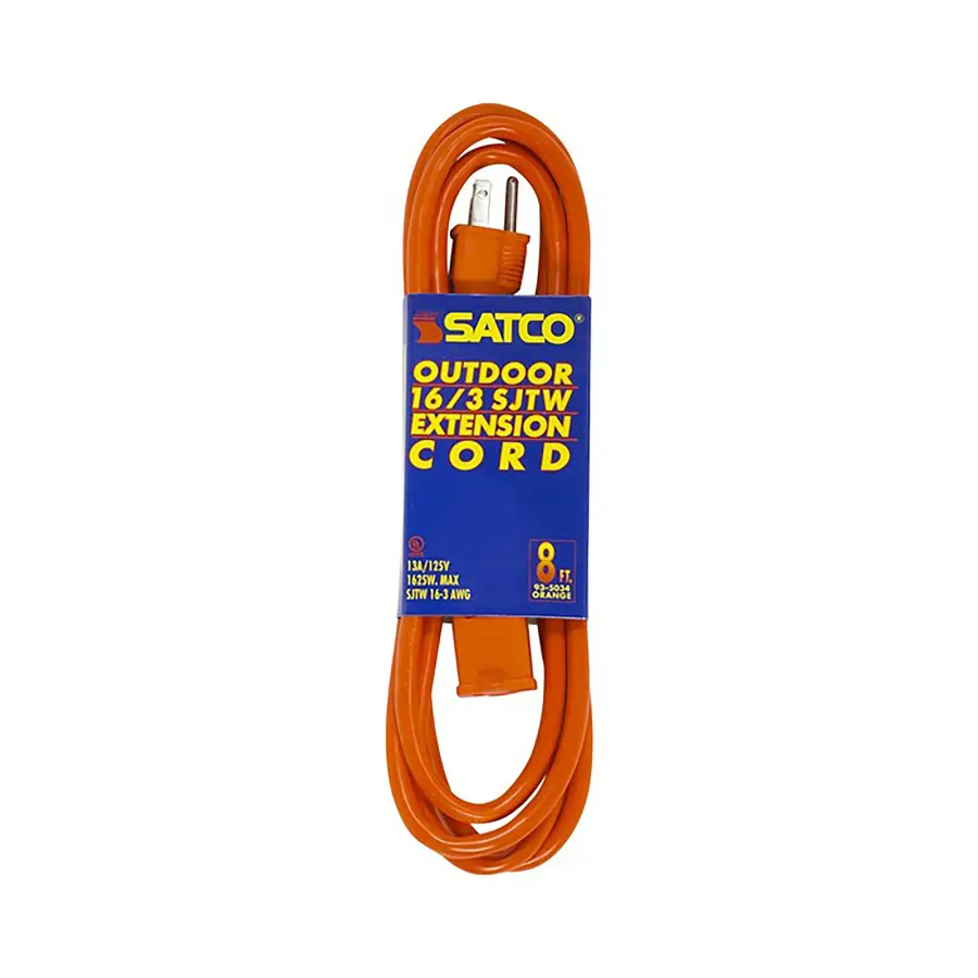 8 Foot Orange Heavy Duty Outdoor Extension Cord - 16/3 Ga. SJTW-3 Orange Cord With Sleeve - 13A-125V - 1625W