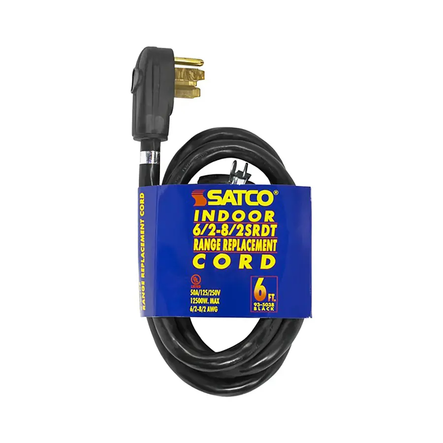 6 Foot, 4 Wire Heavy Duty Replacement Range Cord - 6-2 - 8-2 SRDT Black Round - Indoor Use Only - 50A/125V-250V - 12500W
