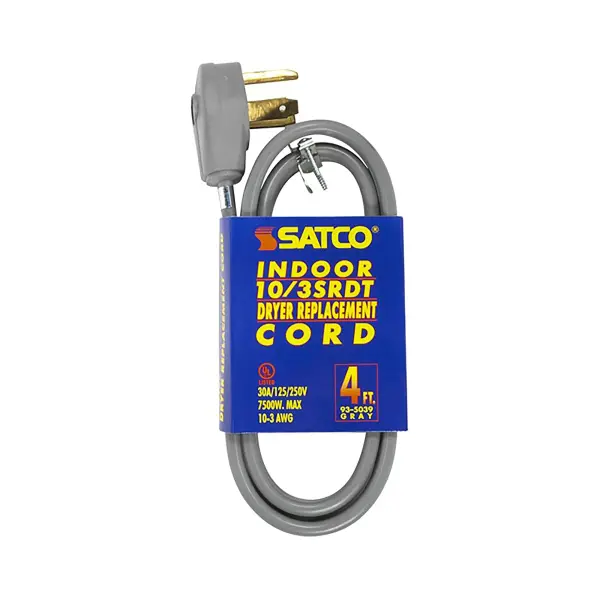 4 Foot, 3 Wire Heavy Duty Replacement Dryer Cord - 10-3 SRDT Gray Flat - Indoor Use Only - 30A/125V-250V - 7500W