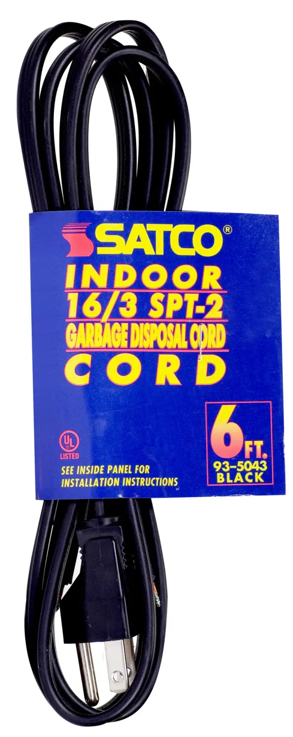 6 Foot, 3 Wire Heavy Duty Replacement Garbage Disposal Cord - 16-3 SPT-2 Black - Indoor Use Only - 13A/125V - 1625W