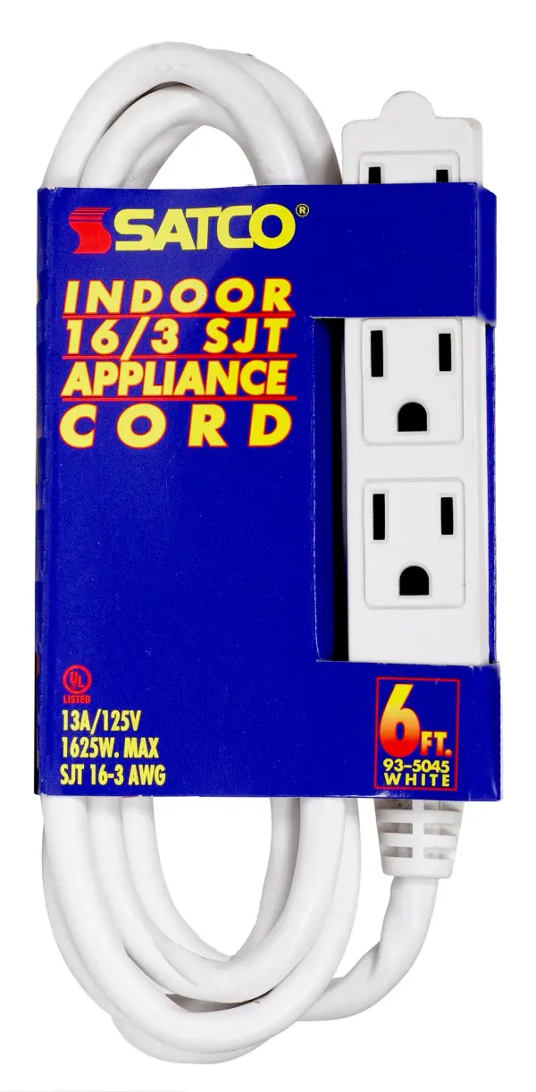 6 Foot Extension Cord - White Finish - 16/3 SJT - Indoor Only - 13A-125V-1625W Rating