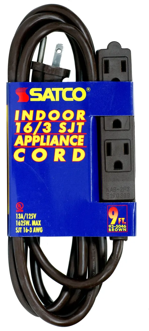 9 Foot Extension Cord - Brown Finish - 16/3 SJT - Indoor Only - 13A-125V-1625W Rating