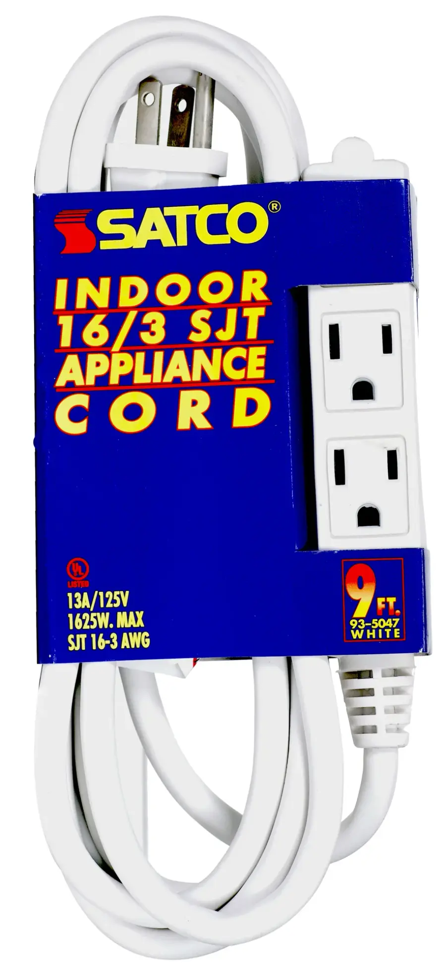 9 Foot Extension Cord - White Finish - 16/3 SJT - Indoor Only - 13A-125V-1625W Rating