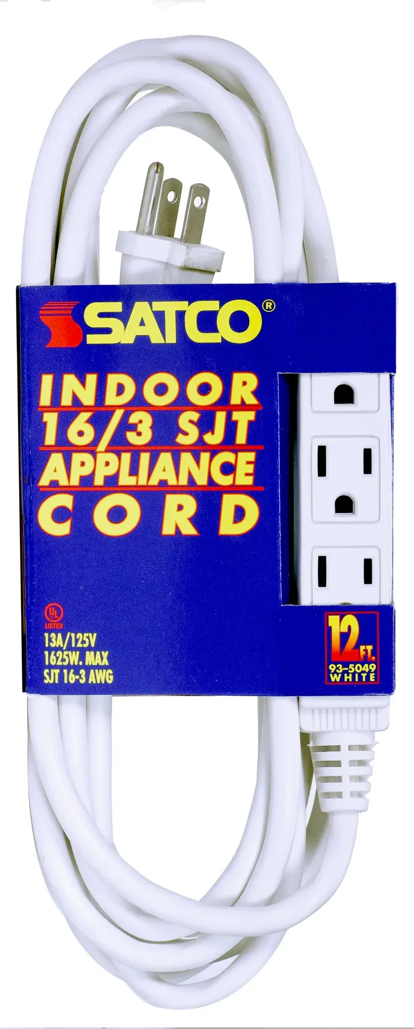 12 Foot Extension Cord - White Finish - 16/3 SJT - Indoor Only - 13A-125V-1625W Rating