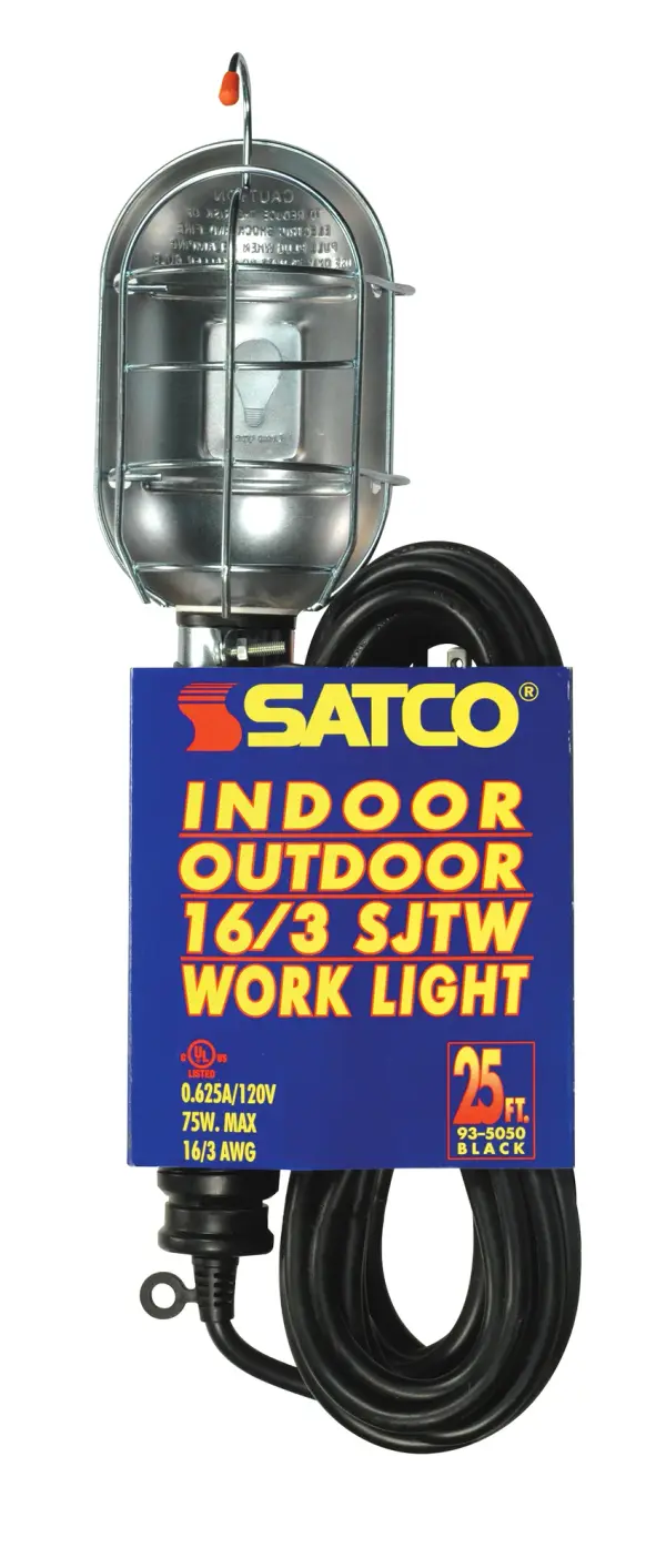 25 Foot, 3 Wire Black Metal Trouble Light With Cage And Yellow Outlet - Indoor And Outdoor Use - 0.625A-120V - 75W Max